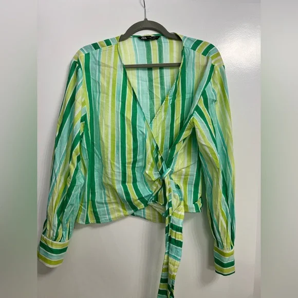 LN Zara stripe print wrap sash belt balloon sleeve top 9878/117 green large L - Picture 3 of 11